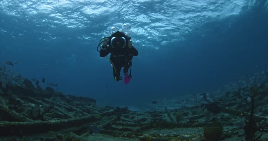 Diver photographing fish swimming near wreckage on ocean floor