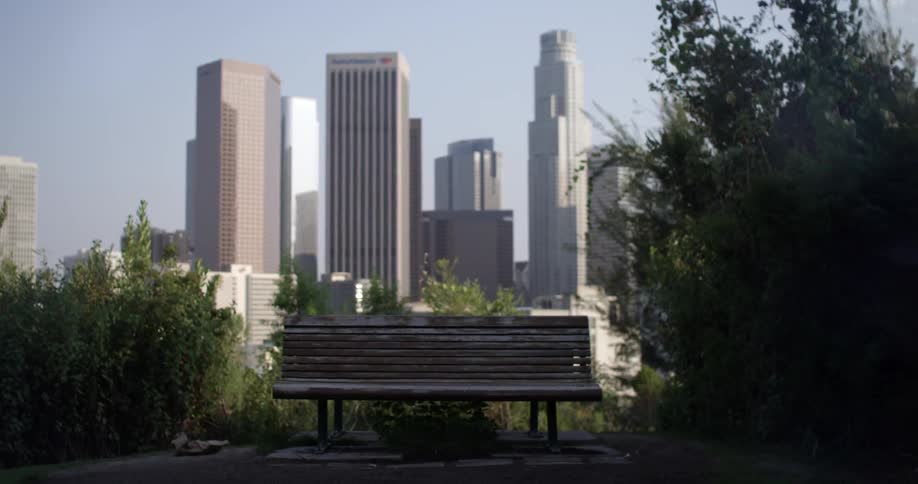 A bench sits before a large city behind it