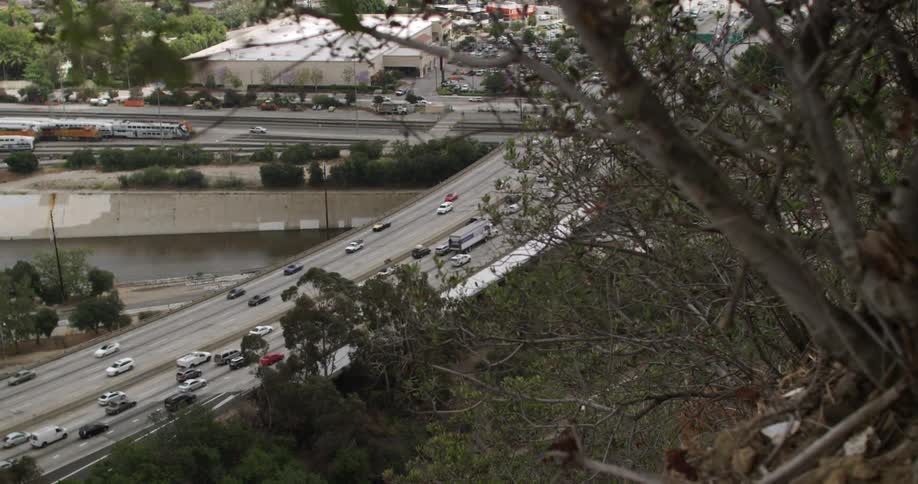 A freeway seen from a hillside covered with scrub brush