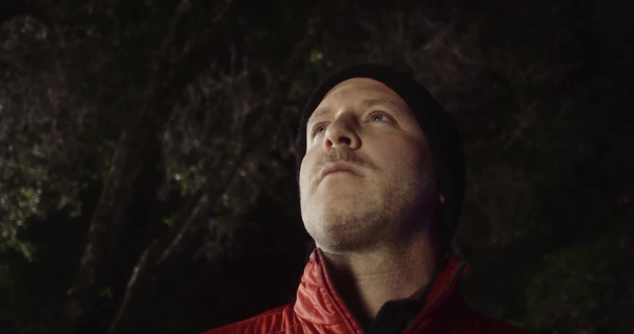 Man stands in forest at night looking around