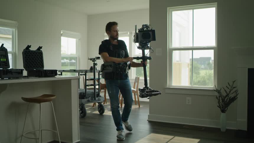 A photographer carries a camera across a room in a home