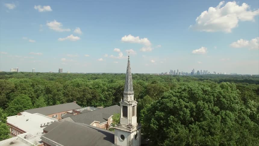 Aerial view of a church and its spire