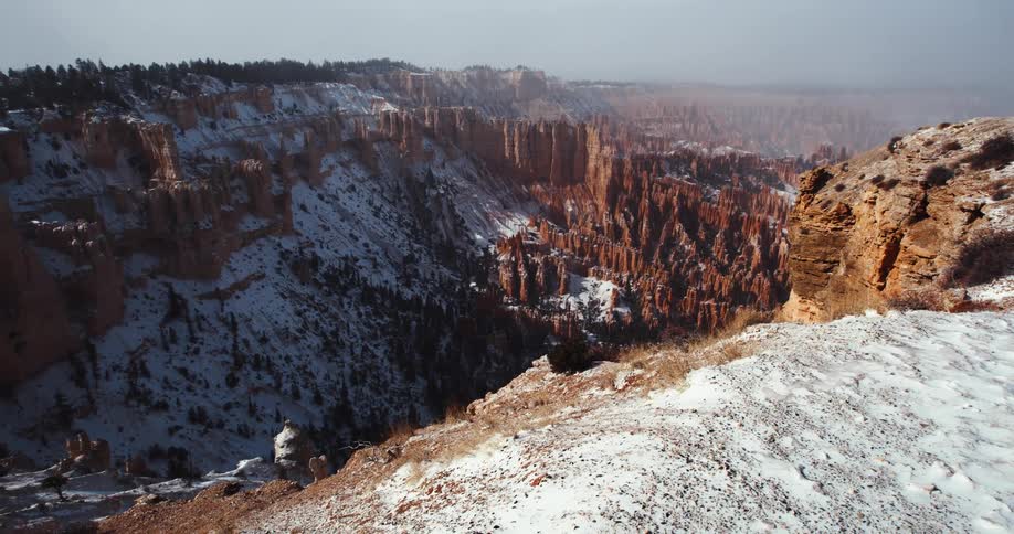A view of a canyon with snow in it