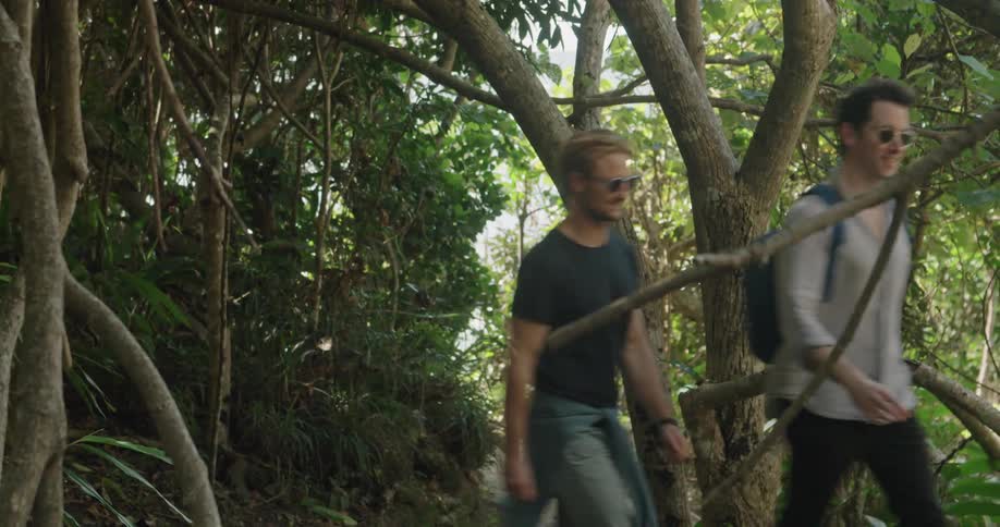Two men walk along a trail and over a small wooden bridge while hiking