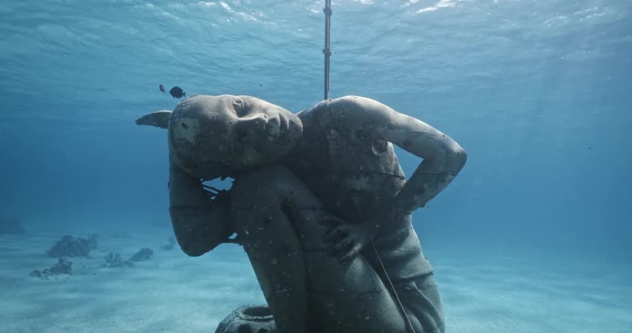 Statue submerged underwater with fish swimming around in the clear blue ocean water