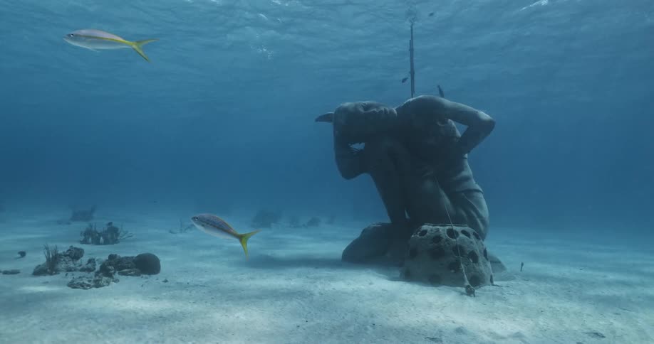 Fish swimming around a stone statue on an ocean floor