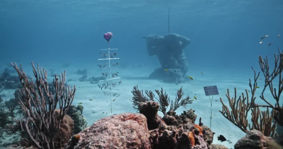 An underwater shot of a statue on a seabed with fish swimming around
