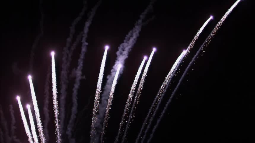 Fireworks shoot into a night sky