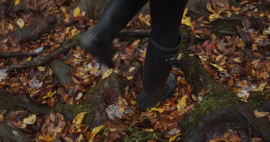 Woman wearing black boots walks over roots and fallen leaves