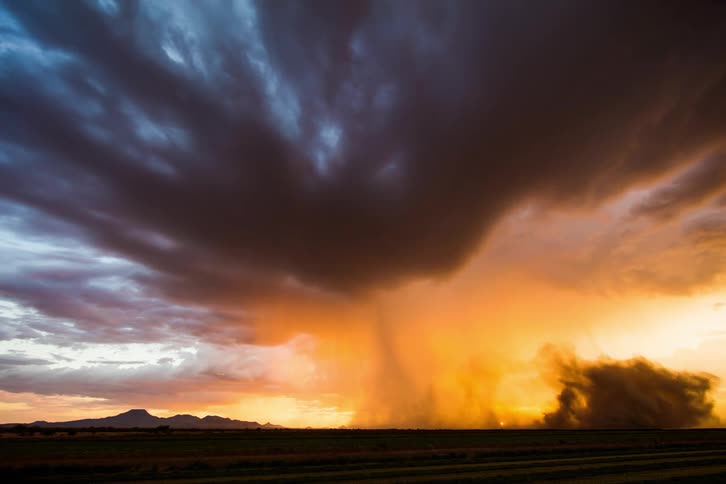 Rain falls and lightning flashes as storm clouds move over a field at sunset