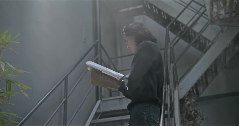Man stands on staircase leaning against rail reading in foggy area