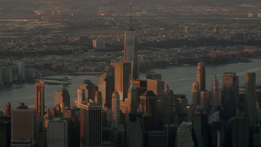 Aerial view of a city at sunset