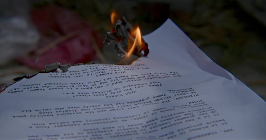 A paper burning with fire smoke and ash
