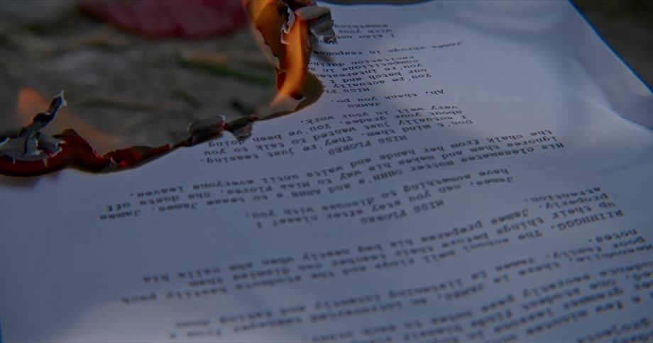 Flame burns through pages of text