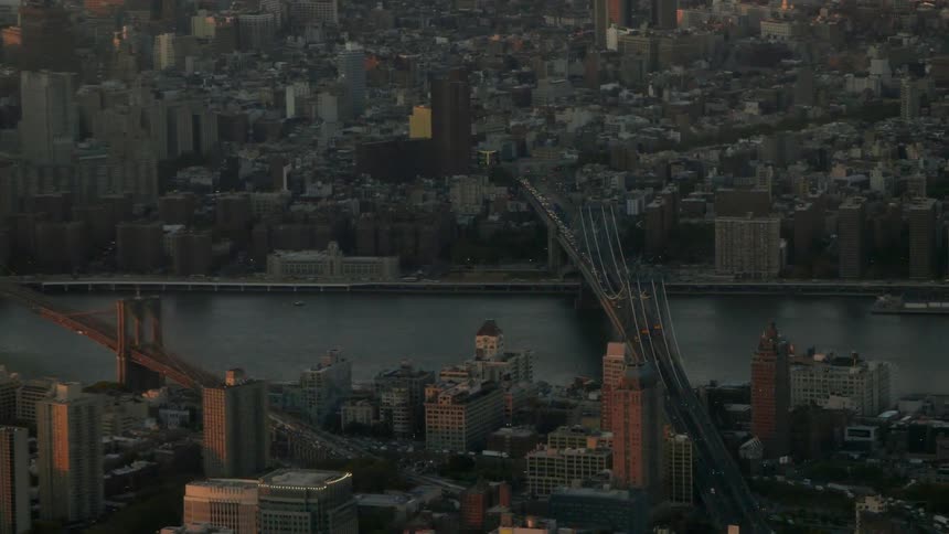 Aerial view of a city at sunset