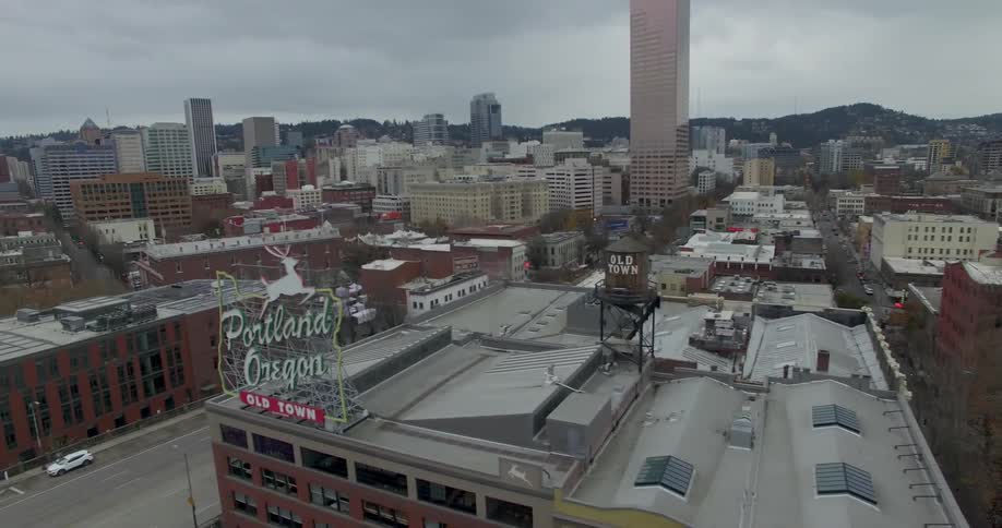 An aerial view of old town Portland on a cloudy day