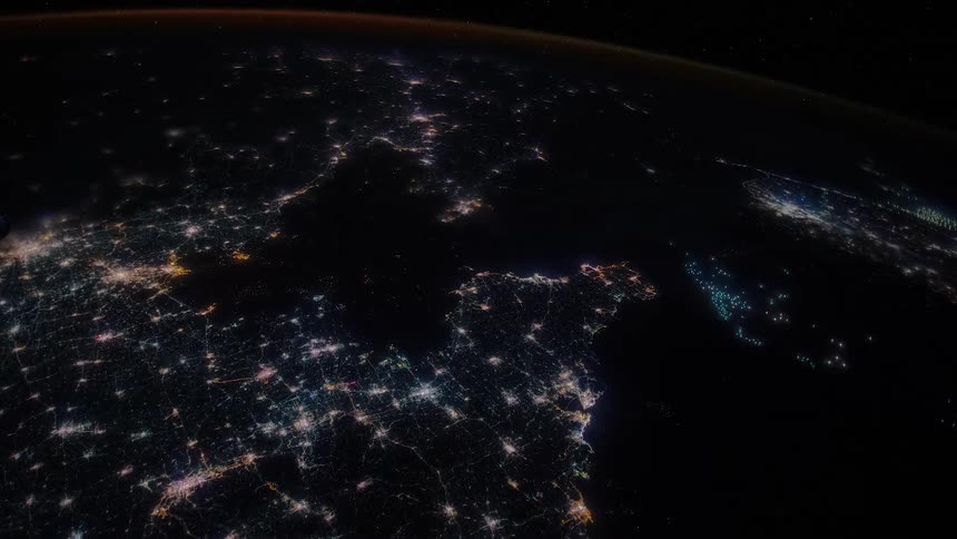 City lights on the surface of the planet earth seen from orbit at night