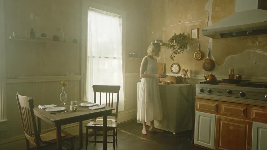 Young blonde woman in a white dress enters the kitchen of an abandoned house