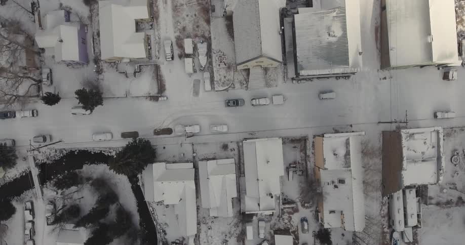 Overhead view of a snow-covered town