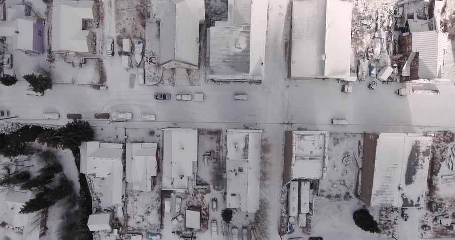 Aerial view of snow covered houses and trees