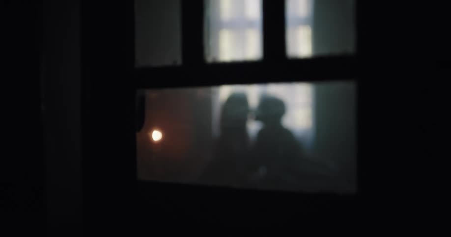 Looking through a window at the silhouette of a couple sitting in bed kissing and touching