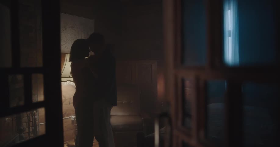 A man and a woman in a room hugging and kissing with a wall and lamp in the background