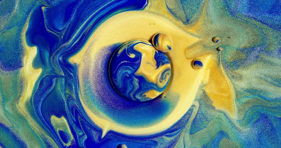 Paints swirl and blend as bubbles pop and form