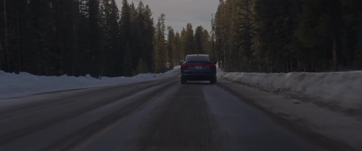 A black car travels on a road lined with trees and snow