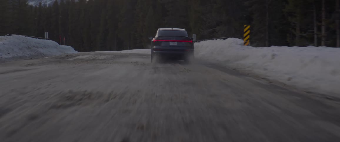 Dark grey audi car drives on highway next to a forest at dusk
