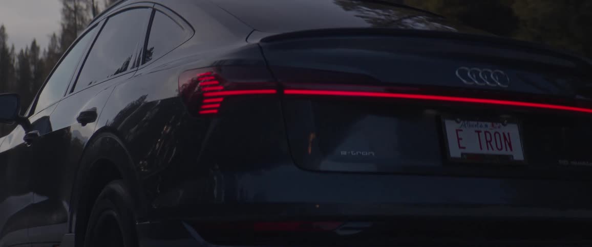 An audi can travels on a tree lined road