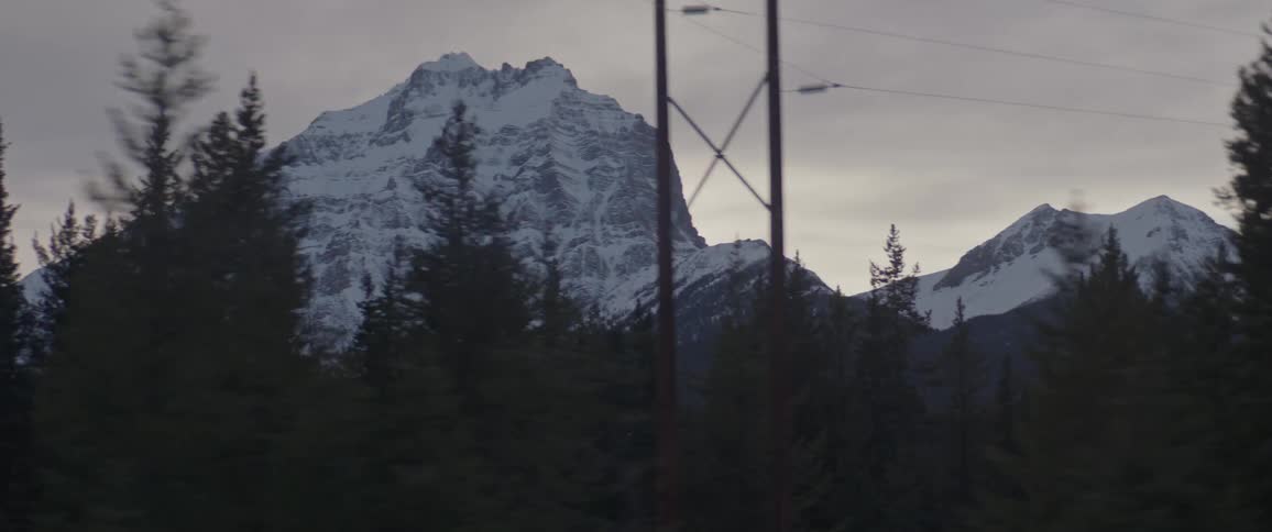 Snow covered peak of a mountain range in the pine tree forests at morning