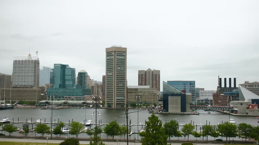Aerial view of downtown city of Baltimore is displayed