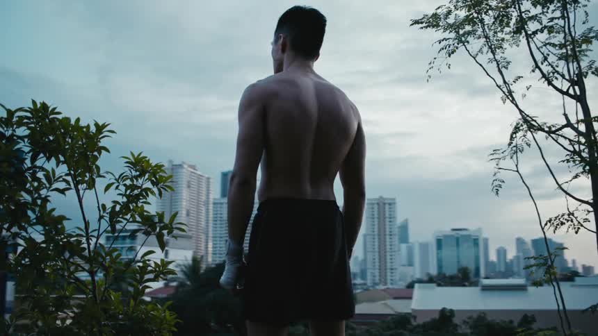 A muscular man without a shirt on stands and looks out over the city skyline