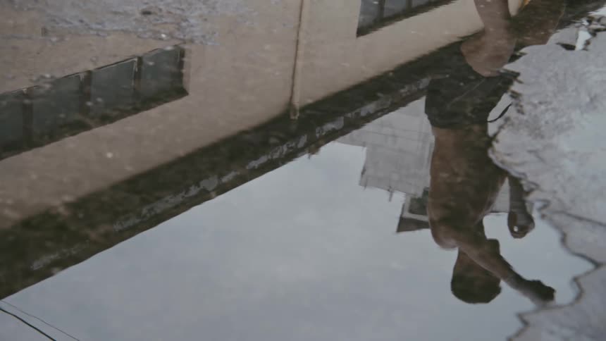 A mans reflection of him boxing in the air from a puddle on the ground