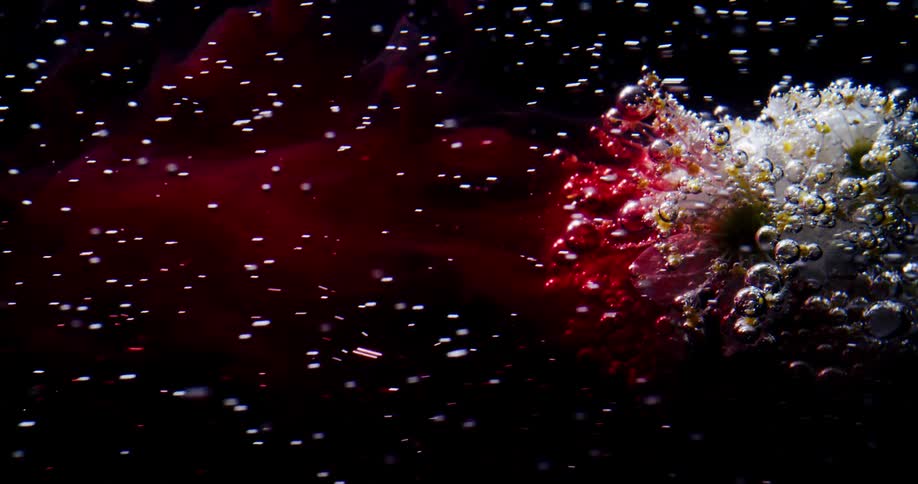 Cluster of bubbles colored silver gold and white start changing to red after red smoke joins flowing particles