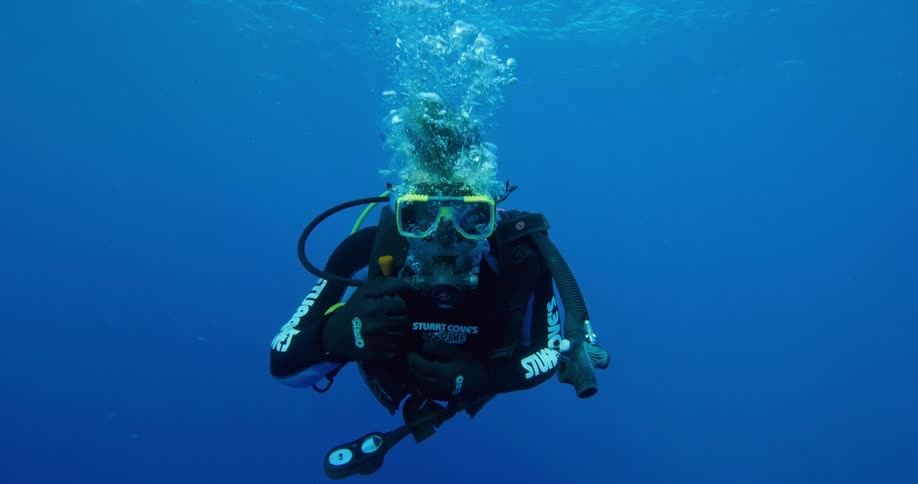 A diver gives the thumbs up under water
