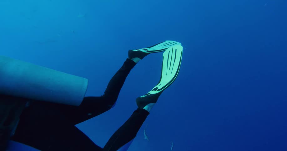 A diver adjusts his mask as he swims