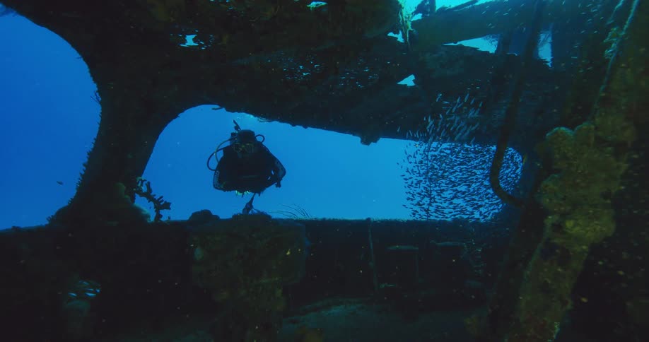 Scuba diver swimming insde the wreckage of a sunken ship in the ocean