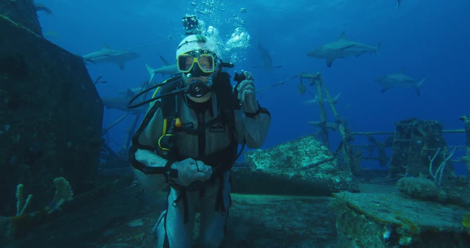 A diver is walking on the sunken ship