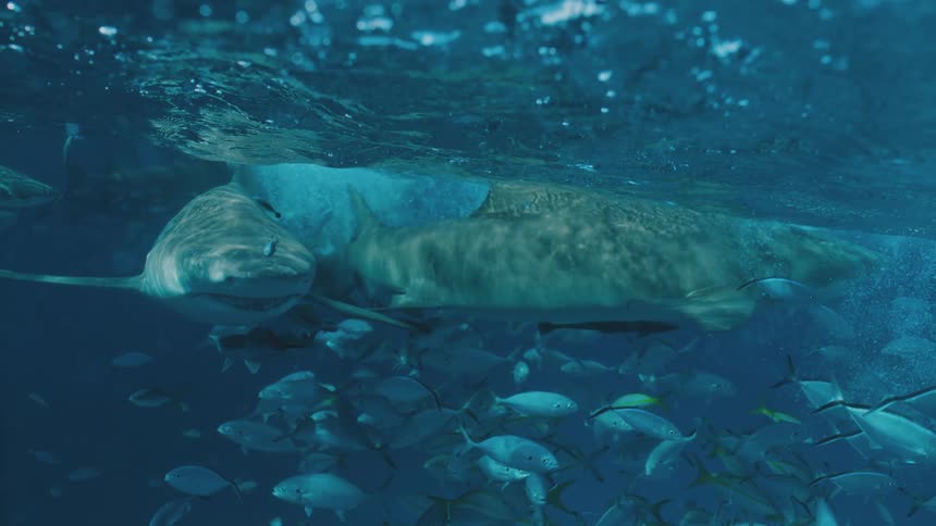 Sharks swimming over a school of fishes on the blue ocean water