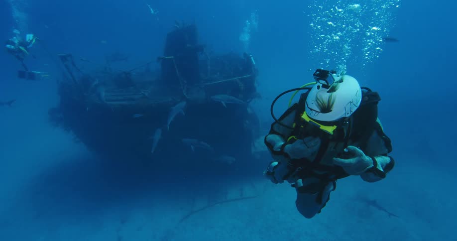 Scuba divers are swimming by the shipwreck