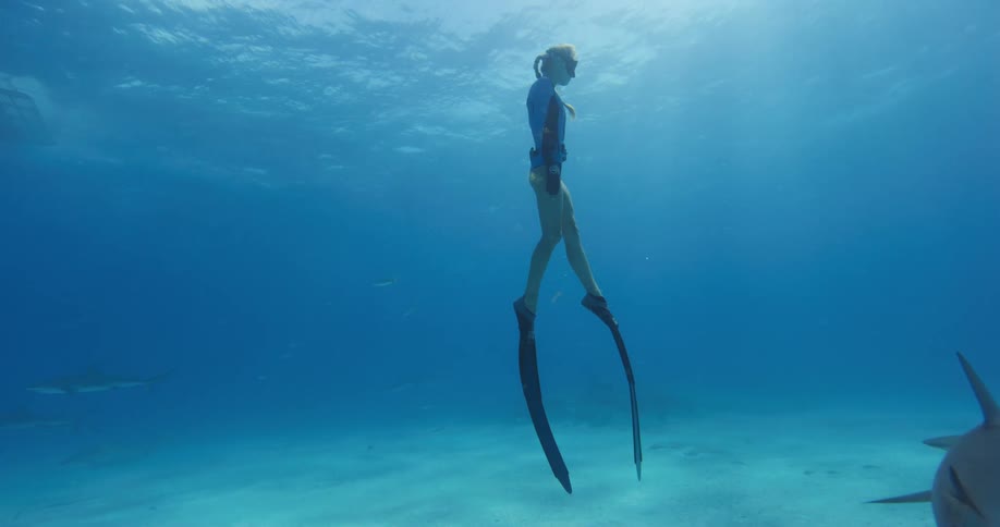 A woman with flippers and a snorkel swimming underwater with sharks
