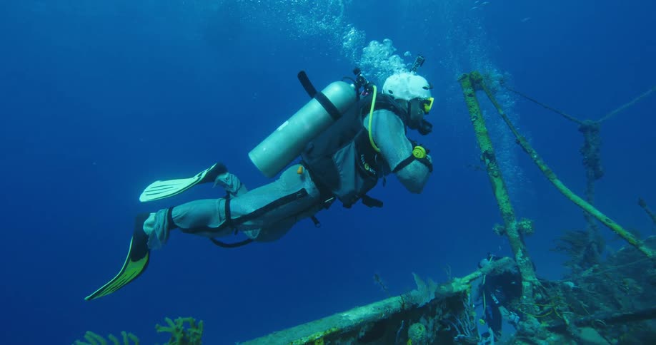 The scuba diver is searching the shipwreck