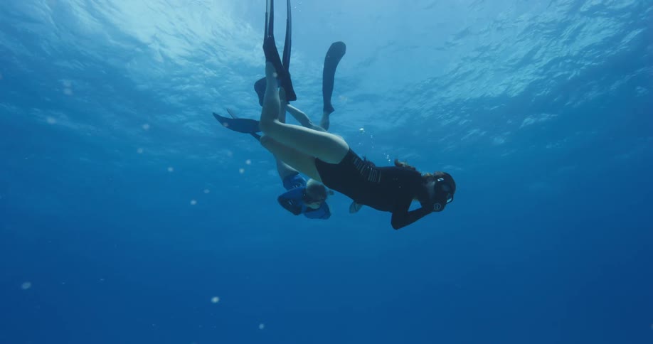 Three divers descend to the bottom of the water