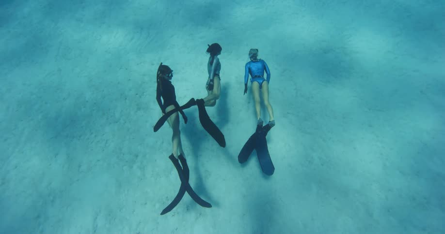 Three woman swim along the water floor with wetsuits and large flippers