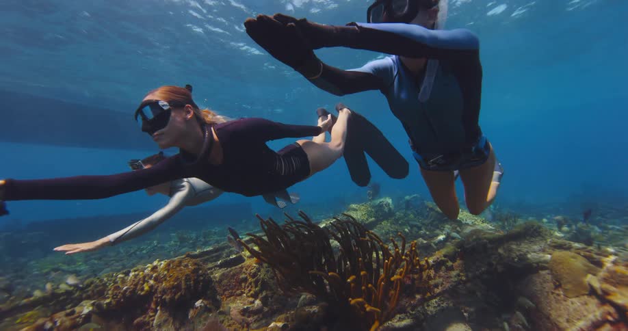 Three female snorkelers swim gracefully beneath the ocean water