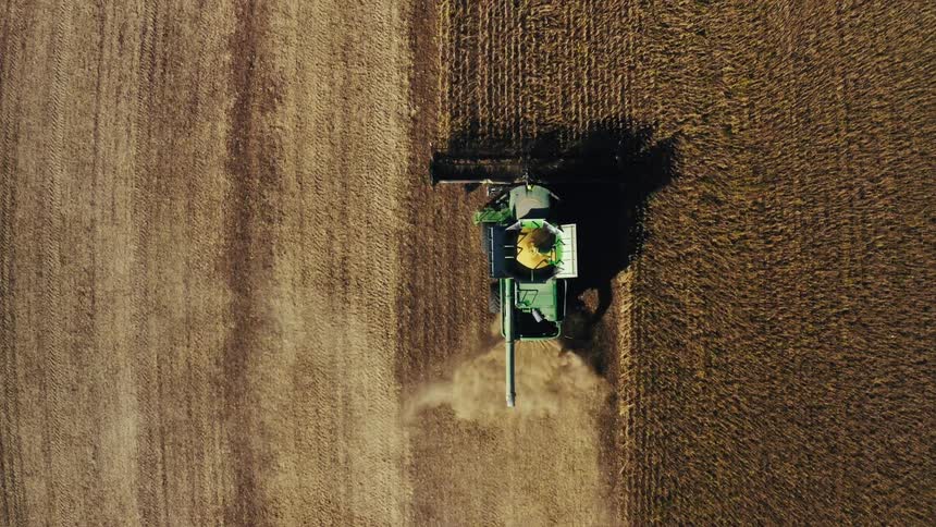A tractor is cutting crops on a farm