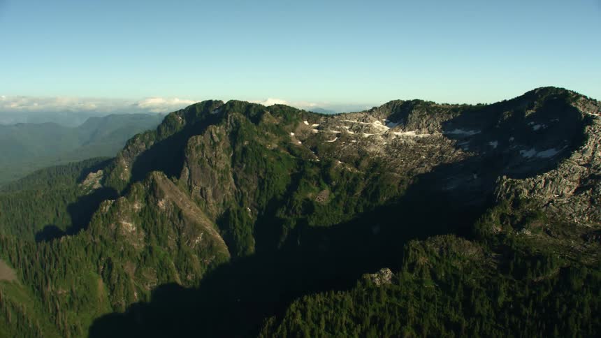 Aerial view of mountains next to green forest