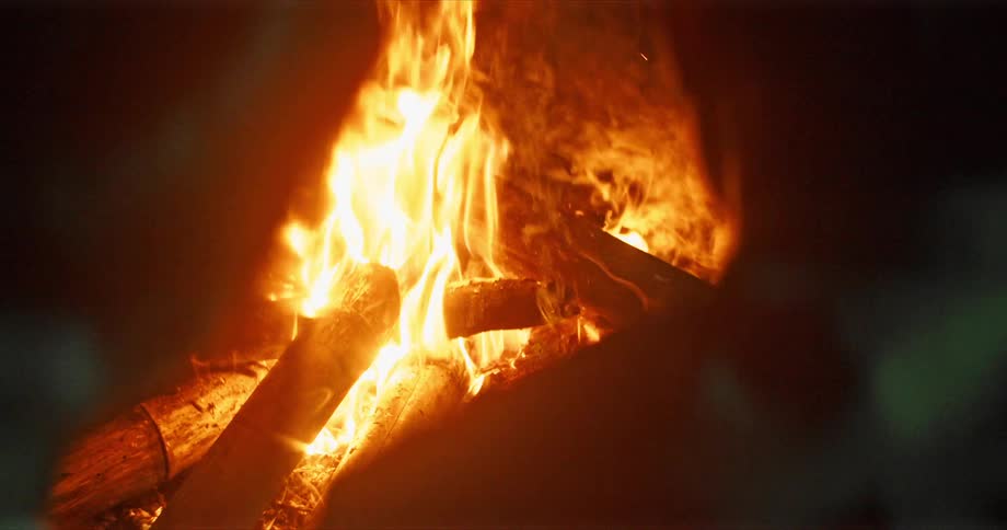 Two people sit by the campfire at night
