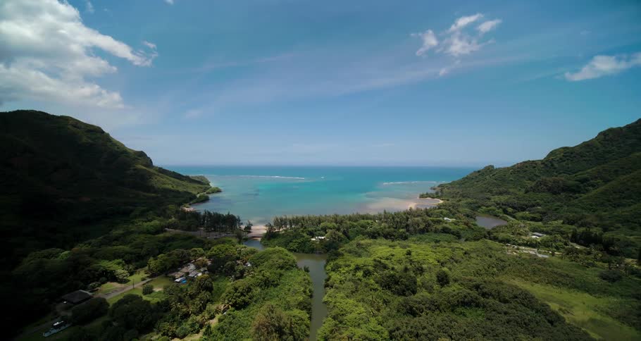 A beach surrounding a bay in a verdant rural area during the day